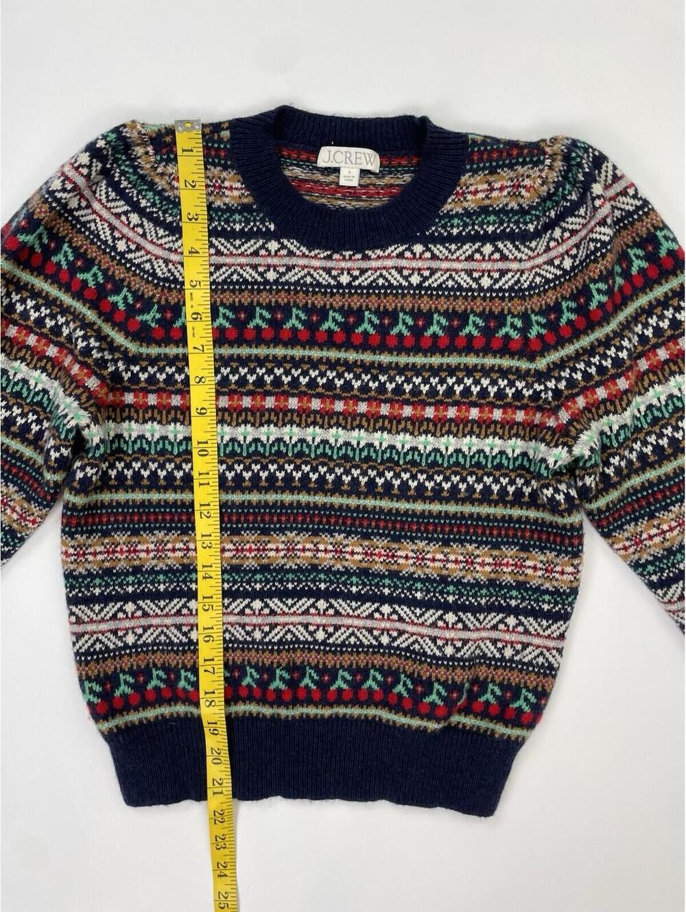 J. Crew Puff Sleeve Fair isle Crew Neck Sweater Navy Cherries Size Small - Picture 6 of 9